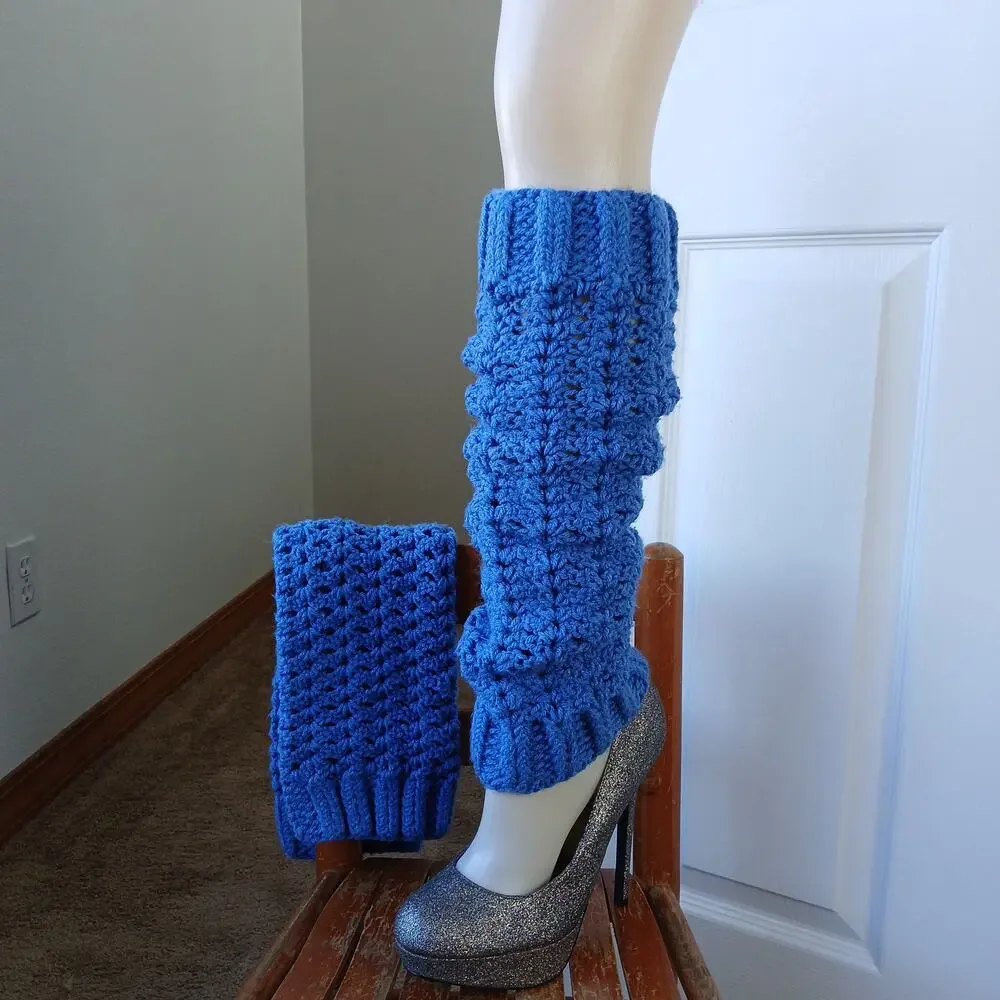 Denim Blue Leg Warmers OSFM crochet warm thick chunky over knee dance premade